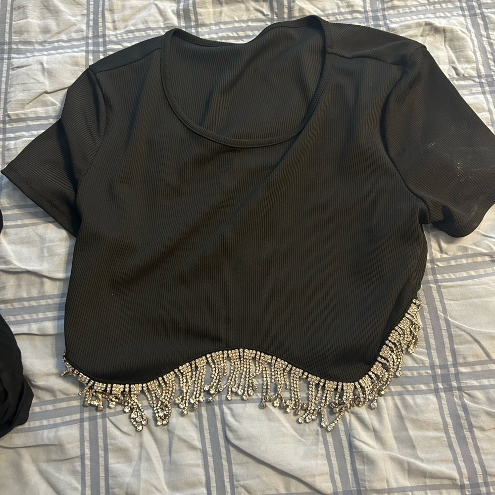 Windsor Black Crop Top with Beaded Fringe
